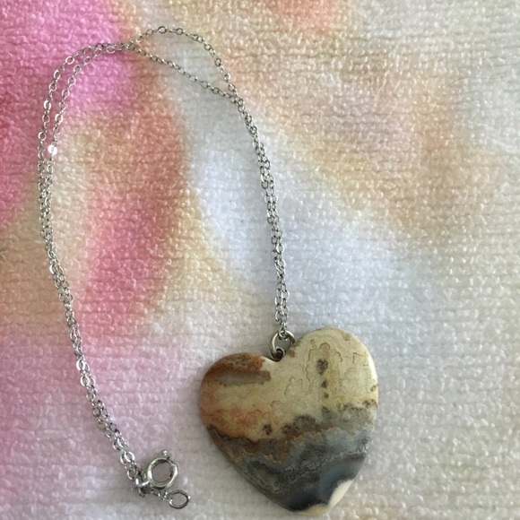Picture Agate Gem Heart Silver Chain Necklace - Picture 3 of 6